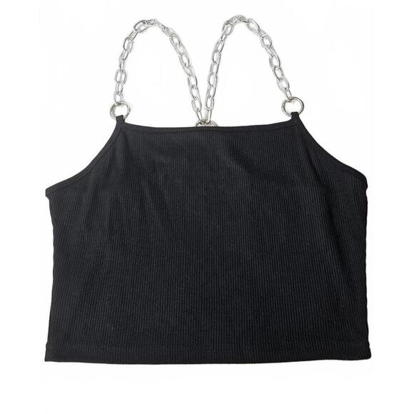 Black Ribbed Crop Top with Chain Detail Straps - Women's Size Small - Picture 1 of 5